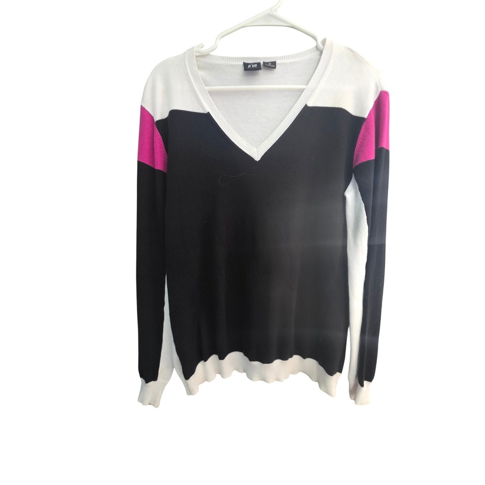 N'vo by Lanctot Womens V-Neck Colorblock Cotton Sweater Black White Pink Medium